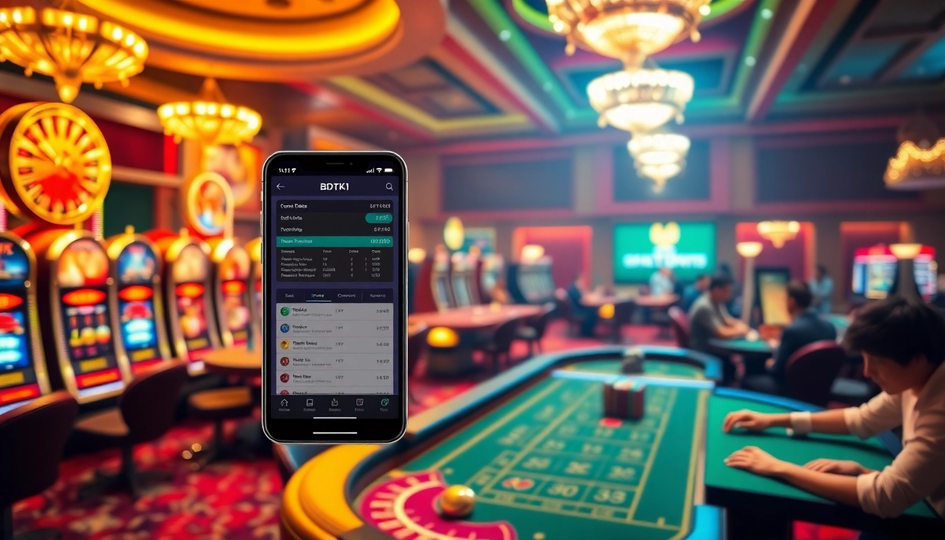 Engaging with the BDTK1 app amidst a vibrant casino setting filled with slot machines and poker tables.