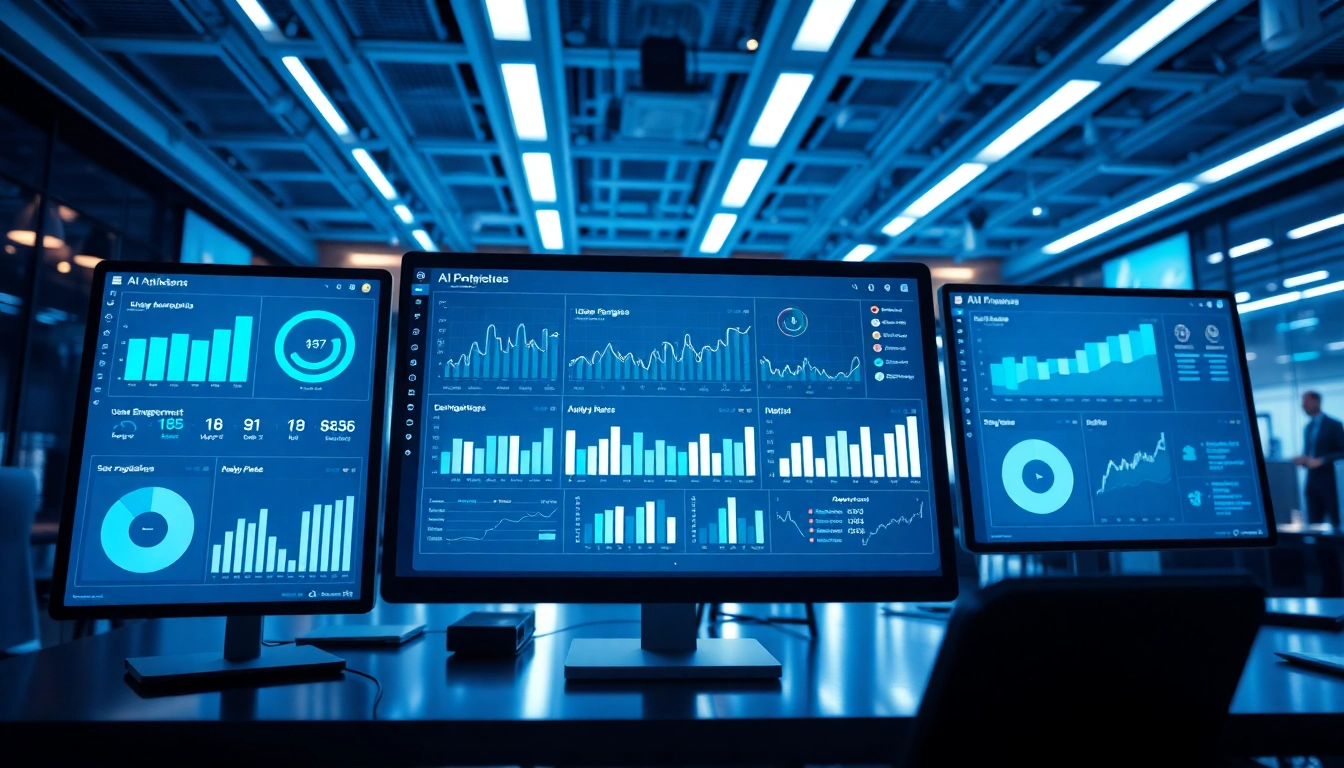 AI analytics dashboard showcasing ia +18 in a modern office environment with data graphs.