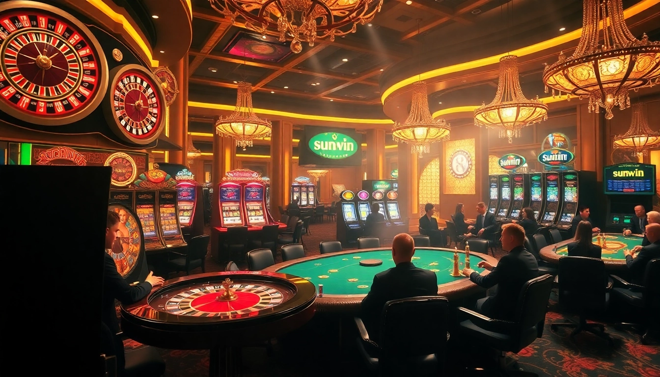 Experience thrilling gaming moments at the sunwin casino with vibrant roulette and poker tables.