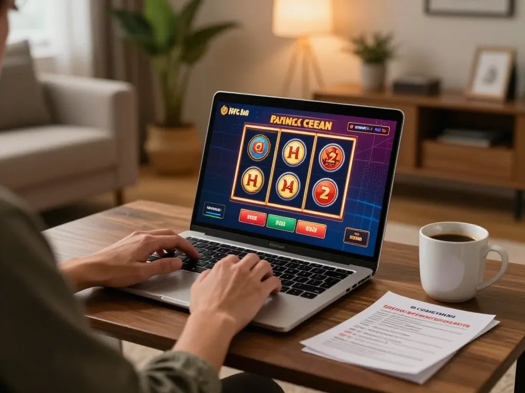 Engaged player enjoying hitclub online slots at home, showcasing a strategic setup.