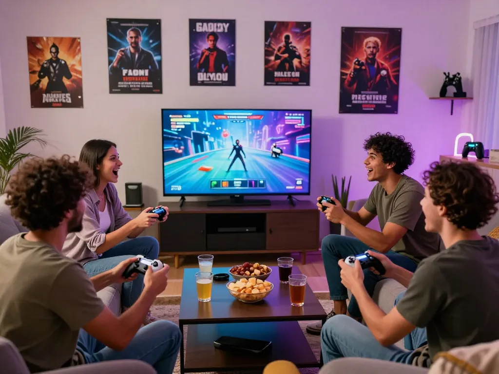 Friends playing a porn game together in a cozy living room setting, showcasing excitement and engagement.