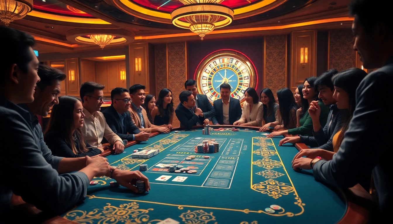 Gamblers engaging in an immersive 88vv casino experience with vibrant betting tables and roulette.