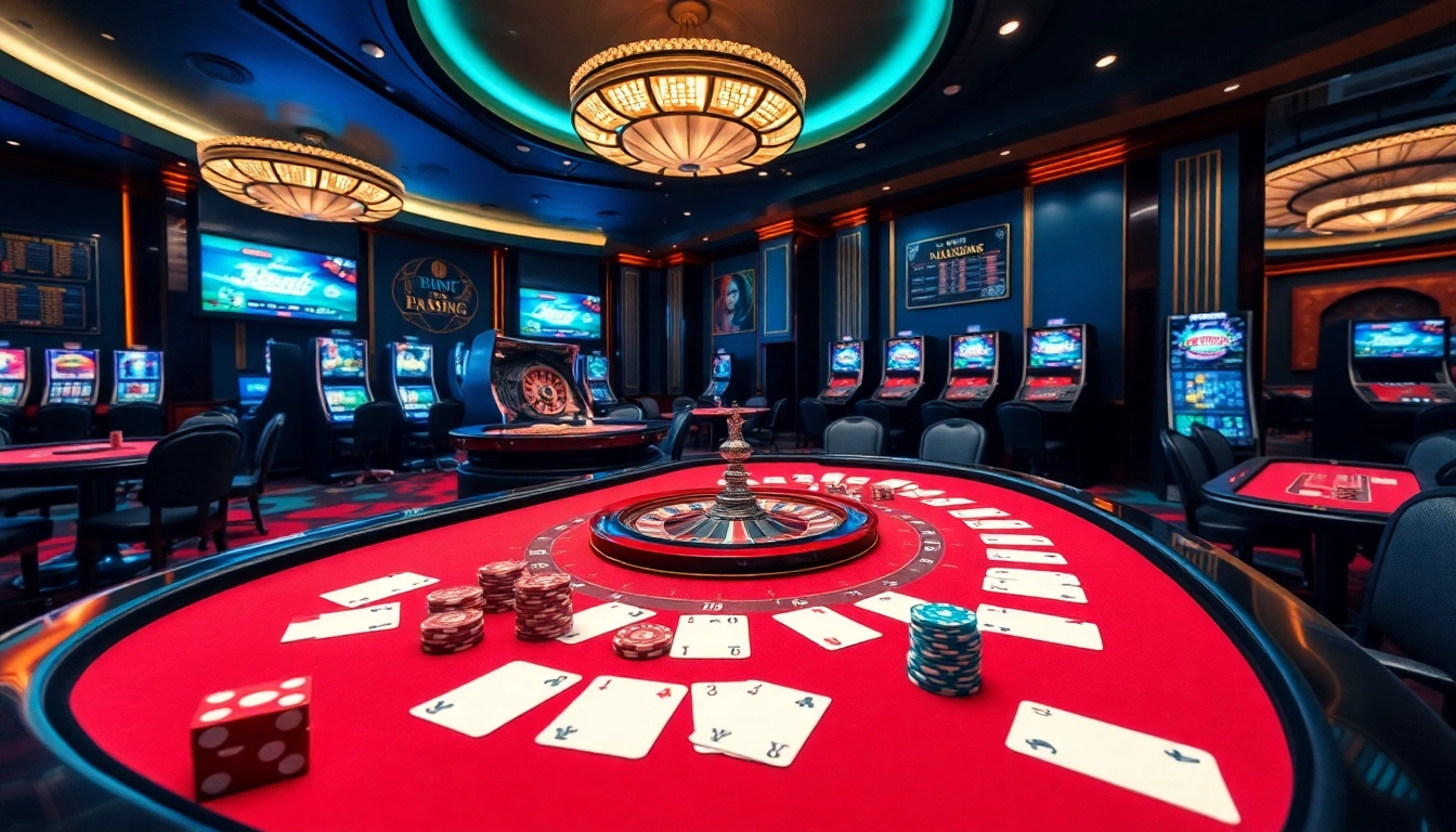 Experience the thrill of gaming at Bin88, featuring dynamic casino tables and a roulette wheel.