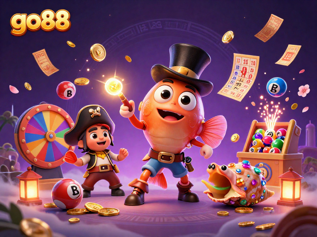 go88 engages players with a vibrant casino scene featuring a glowing anglerfish, coins, and lottery elements.
