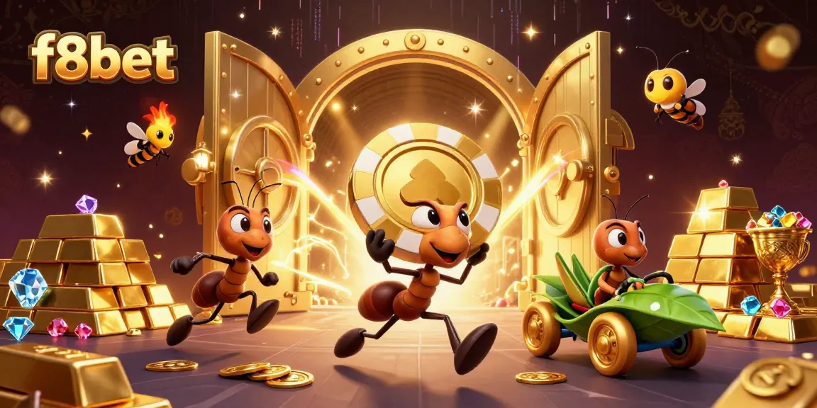 Experience winning with f8bet as cartoon ants carry a giant poker chip in a treasure-laden tunnel.