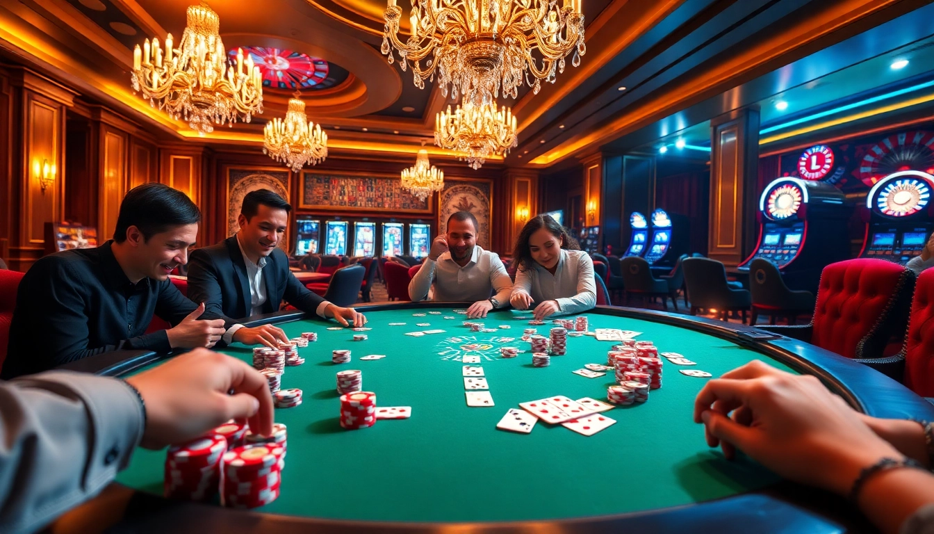 A dynamic poker game scene highlighting Dominoqiu with vibrant chips and enthusiastic players in a luxurious casino.