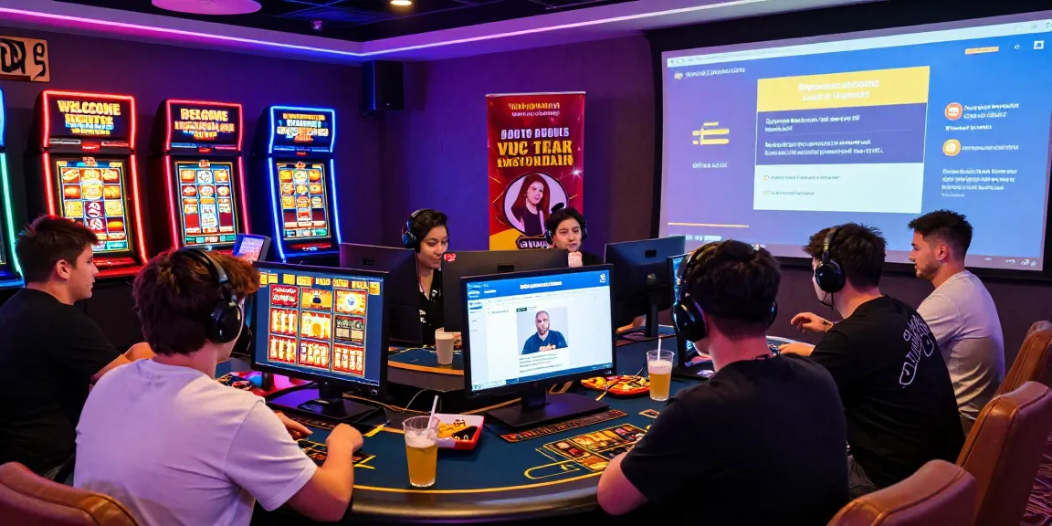 Engaging online casino scene with players enjoying gaming at https://eatm.org.uk/ featuring neon lights and bonuses.