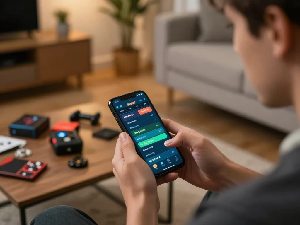 Player actively engaging with live sports betting on smartphone at home, focusing on strategies and odds with 789P.
