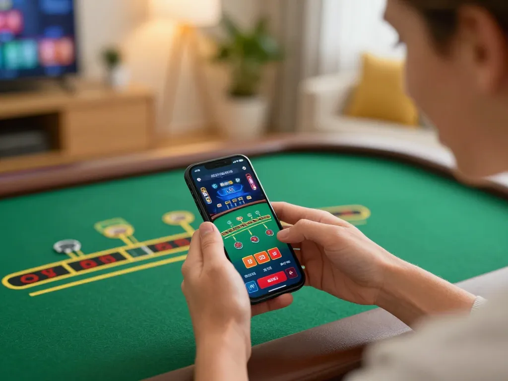 Engaged player enjoying gg88 gaming app on smartphone, showcasing live blackjack in cozy home setup