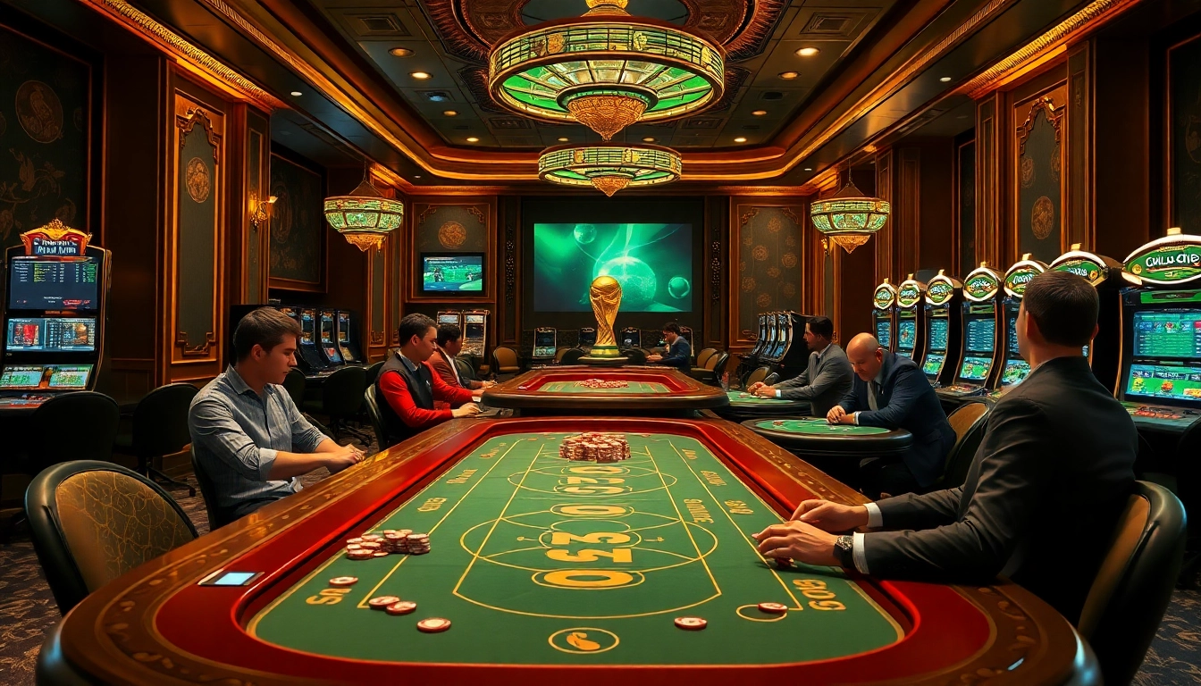Engaging players betting on Judi Bola Piala Dunia in a luxurious casino setting, capturing excitement and strategy.