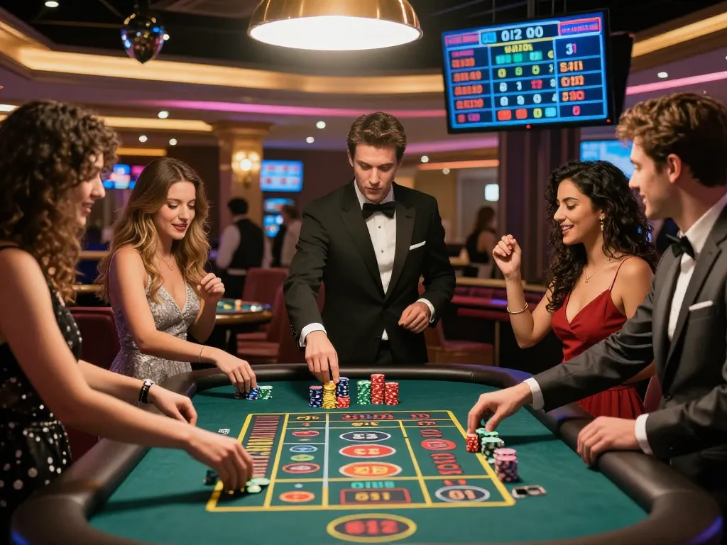 Group celebrating a 23 win at a roulette table in a vibrant casino atmosphere.