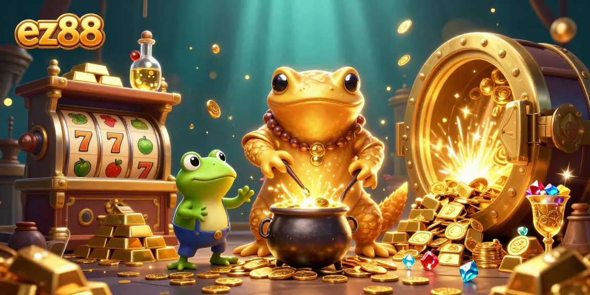 Experience ez88 winning moments in a vibrant 3D casino illustration with gold coins and slot reels.