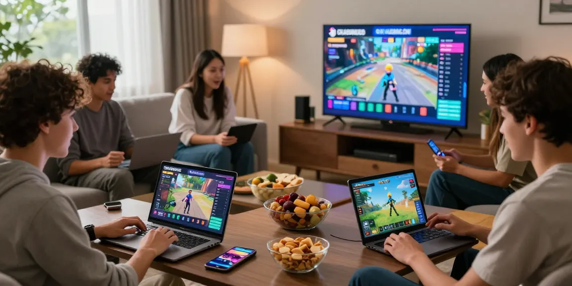 Friends enjoying dynamic gaming experience on CIKAGAMES.COM with multiple devices in a cozy living room.