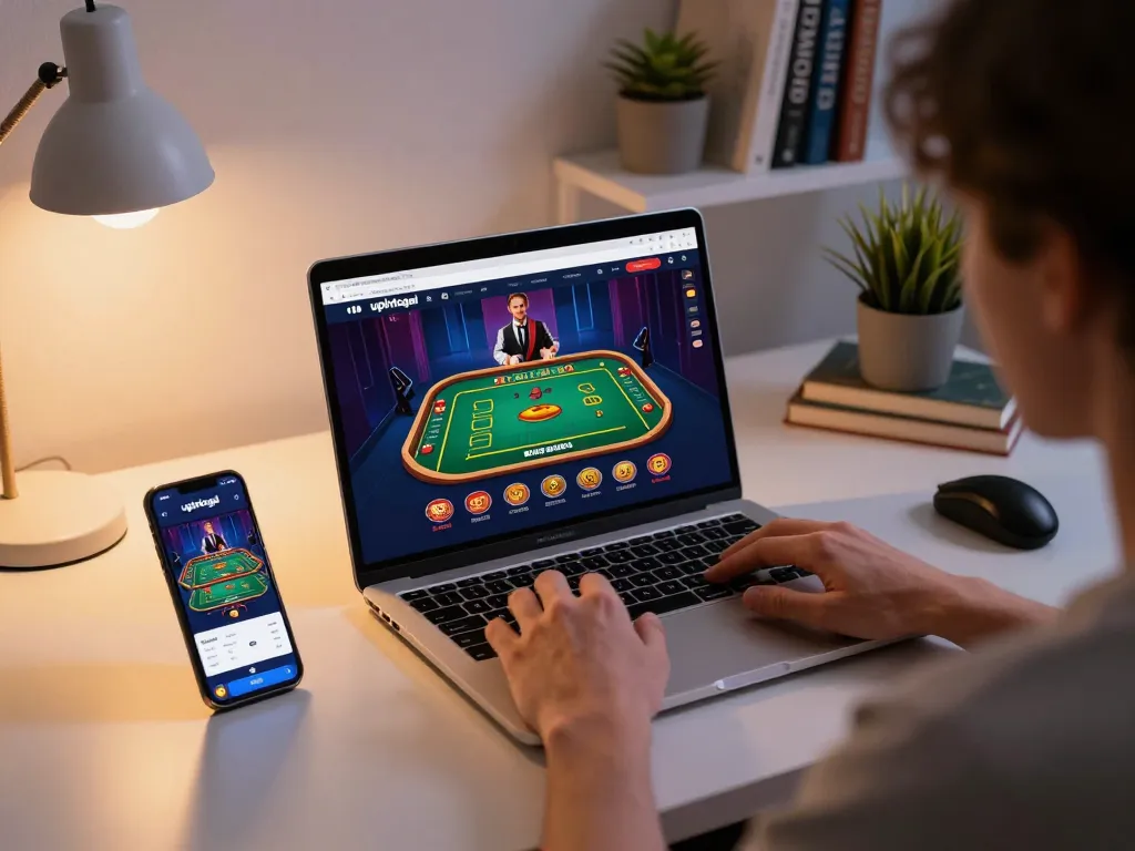 Engaged user enjoying live dealer games on upintogel at home, promoting responsible gaming.