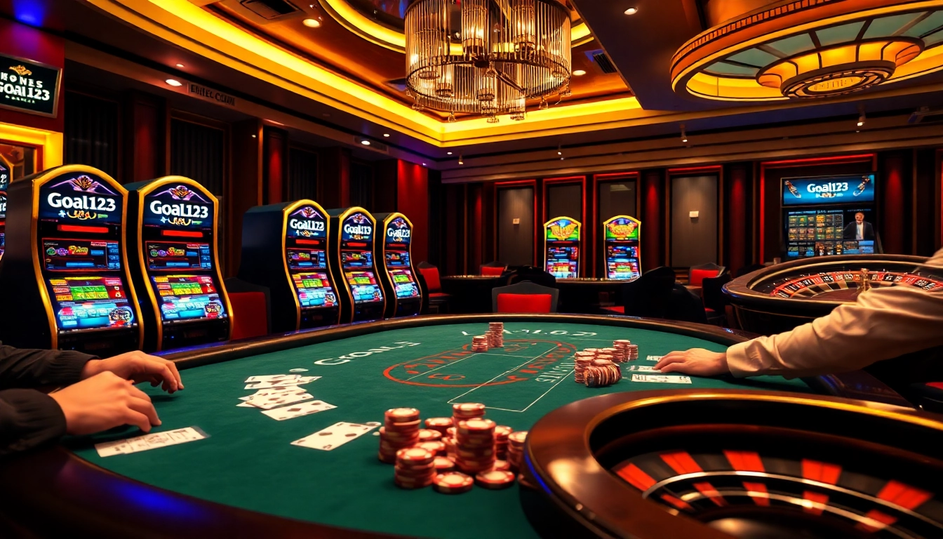 Exciting poker action at Goal123 casino with high-stakes gameplay and vibrant slot machines.