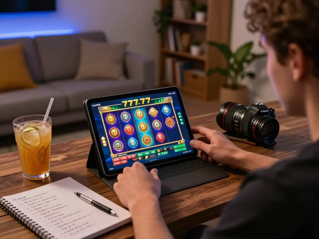 Engaging gameplay on slot777 interface displayed on tablet, showcasing vibrant slot game action in a cozy home setting.