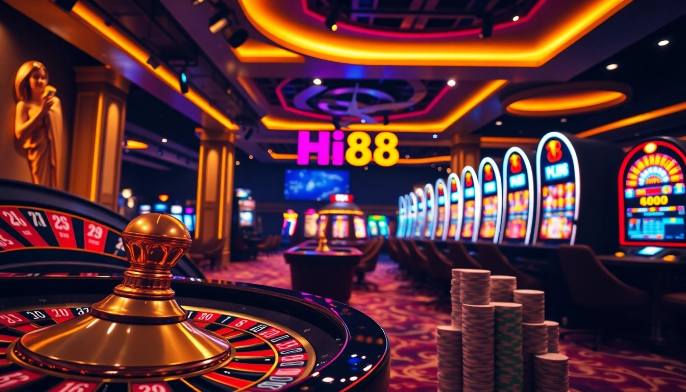 Players enjoying various games at Hi88 online casino with vibrant slot machines and poker tables.