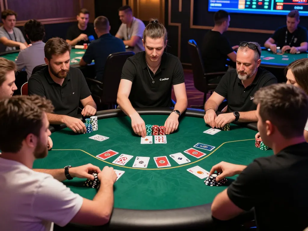 Players enjoying a thrilling poker game at 99ok, showcasing action and strategy in a lively atmosphere.