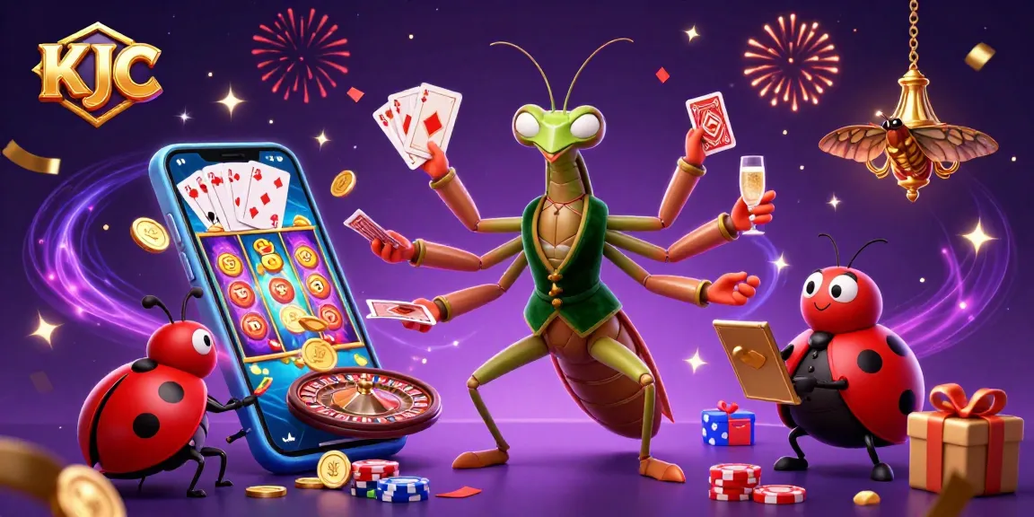 KJC showcases a vibrant online casino scene with a cartoon mantis card sharp and a ladybug pit boss amidst dynamic gaming elements.