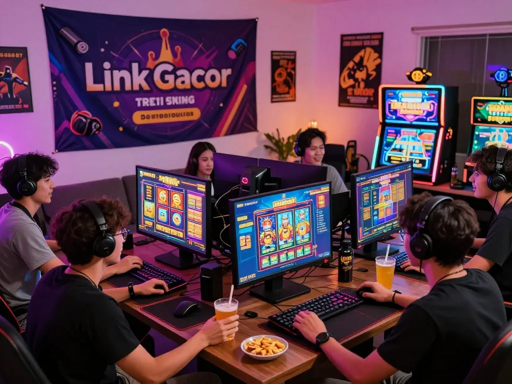 Sahabat menikmati gaming dengan link gacor di beberapa layar dalam pengaturan gaming yang energik.