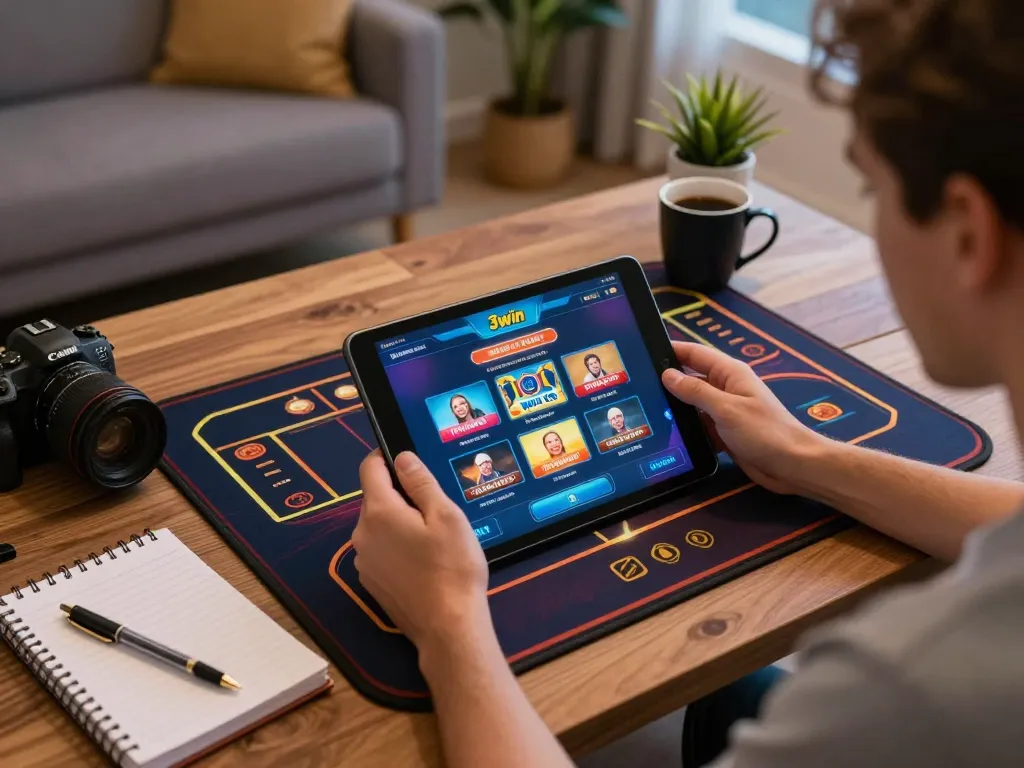 Engaging in strategic gameplay on 3win online casino interface at home, showcasing organized gaming environment.