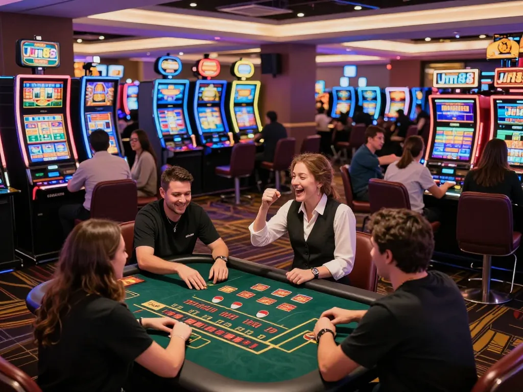 Players enjoying exciting Jun88 gaming action at colorful slot machines in a modern casino