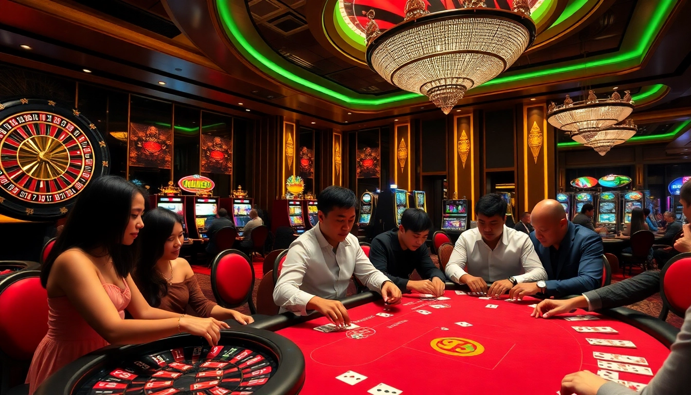 Experience high-stakes poker at u88 in a luxurious casino setting with vibrant slot machines.