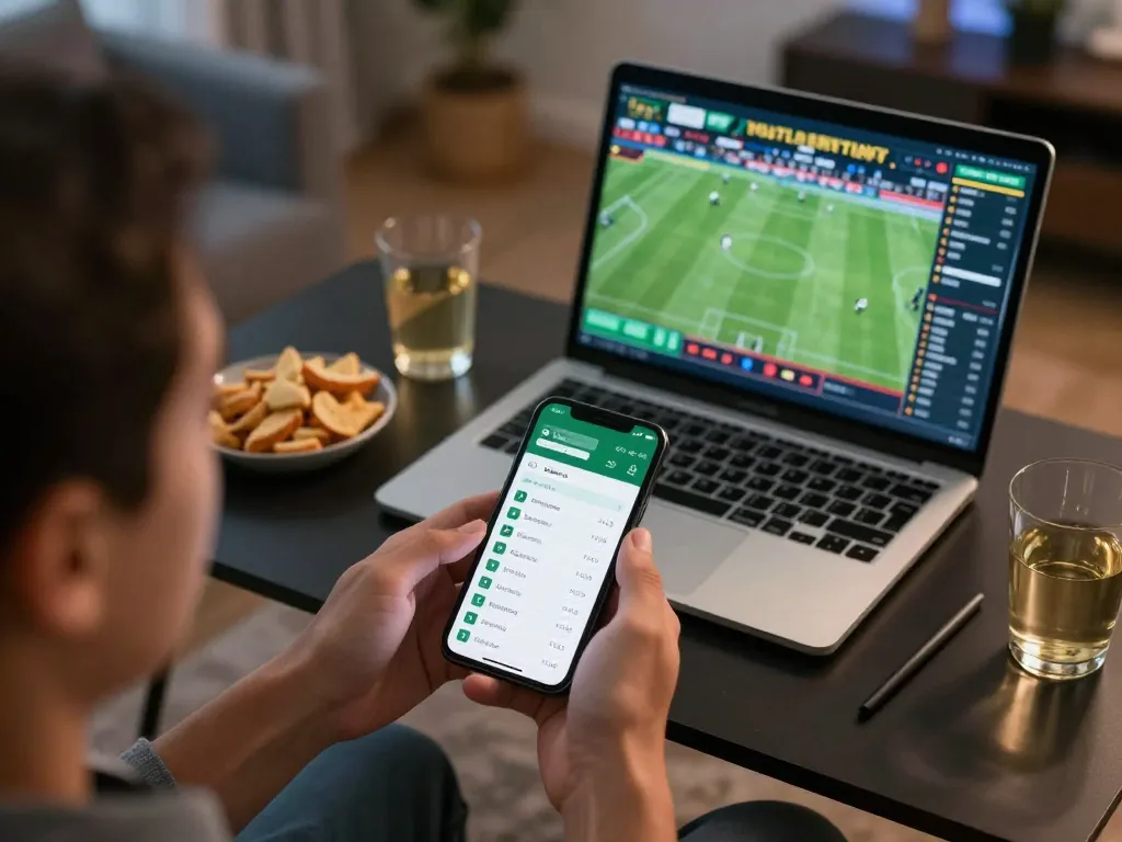 bong88 soi kèo hôm nay, analyzing sports betting odds on a mobile app in a cozy home environment