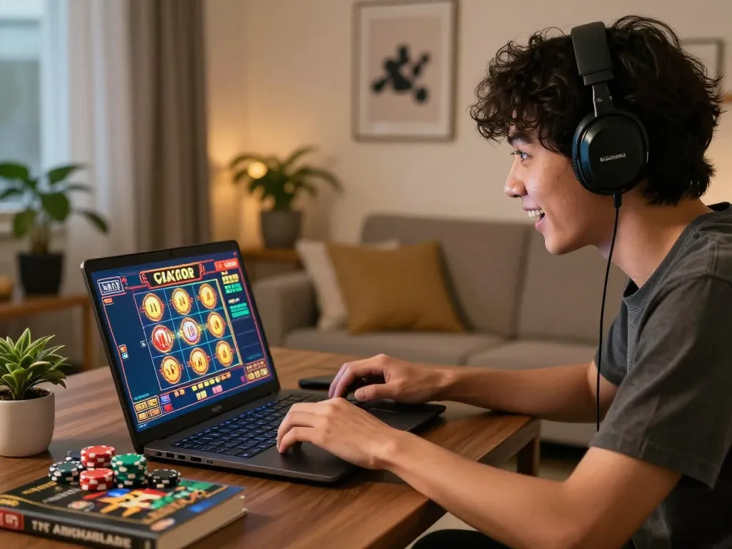 Terlibat dalam permainan slot gacor di laptop di rumah, menampilkan perjudian online yang strategis.