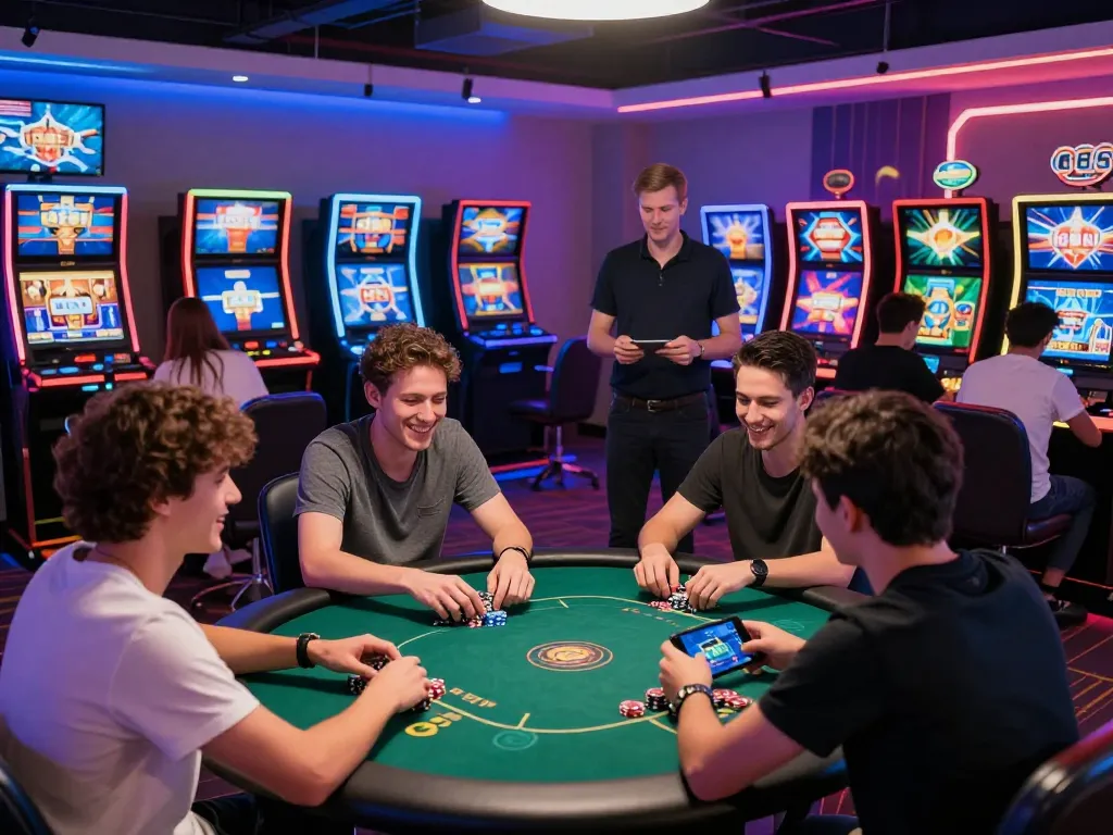 Cổng game Rikvip featuring players enjoying poker and slots in a lively digital gaming environment, showcasing an immersive atmosphere.