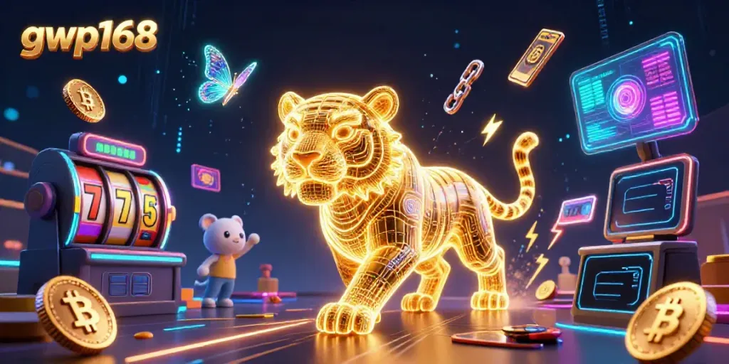 GWP168 memimpin aksi judi dengan singa emas neon di kasino digital yang megah.