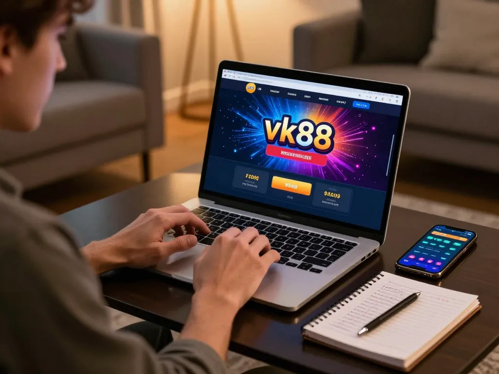 Player engaged in online vk88 casino gaming on a laptop, showcasing vibrant graphics and cozy atmosphere.