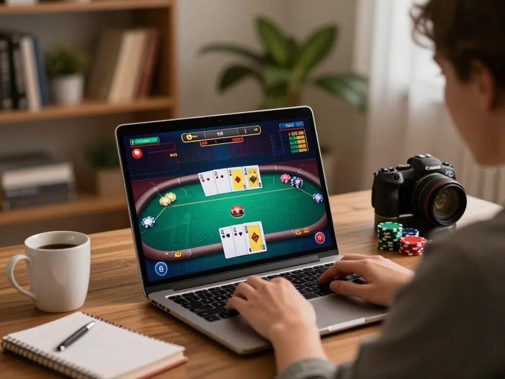 KONG88 player engaging in online poker while managing bets, cozy gaming setup highlights strategic gameplay