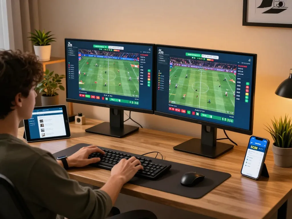 Engaging in live betting on SC88 app with dual monitors showing sports events