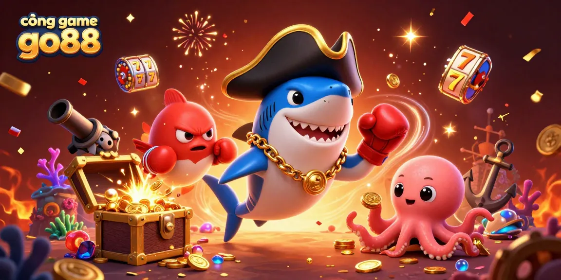 Engage with cổng game go88 featuring a dynamic illustration of a pirate shark, pufferfish, and octopus in a vibrant casino scene.