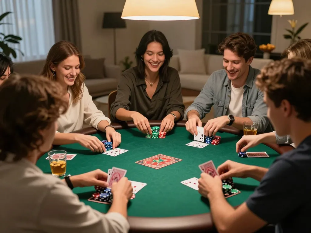 Friends enjoying a poker game at home with 32win strategy tips highlighted.