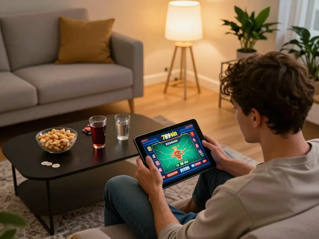 Engaging in 789 win gaming on a tablet in a cozy home setting, showcasing strategic play