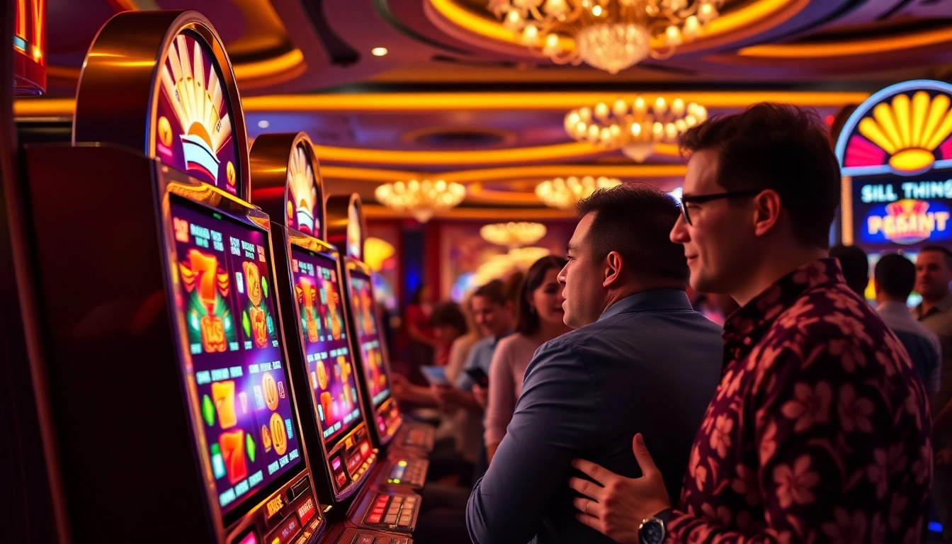Players engaging with exciting slot demo machines in a luxury casino environment.