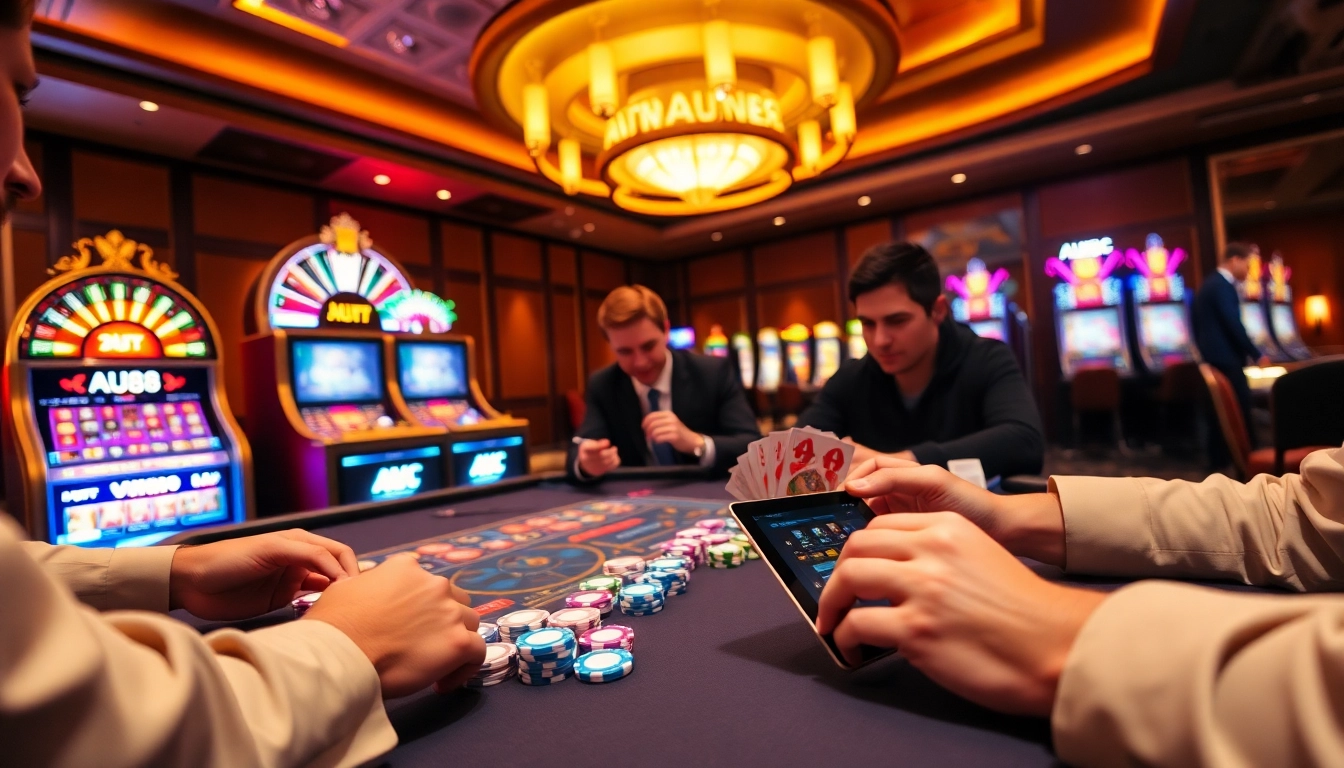 Players enjoying poker at AU88 casino, surrounded by slot machines and roulette.