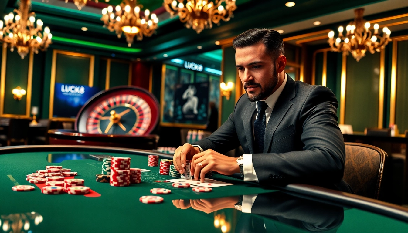Experience high-stakes poker at LUCK8 casino with luxurious tables and premium chips.