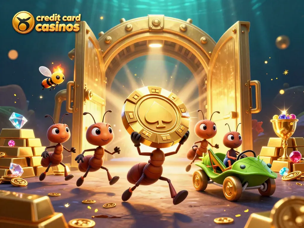 Engage with exciting credit card casinos, as ants carry a giant poker chip through a sparkling treasure tunnel.