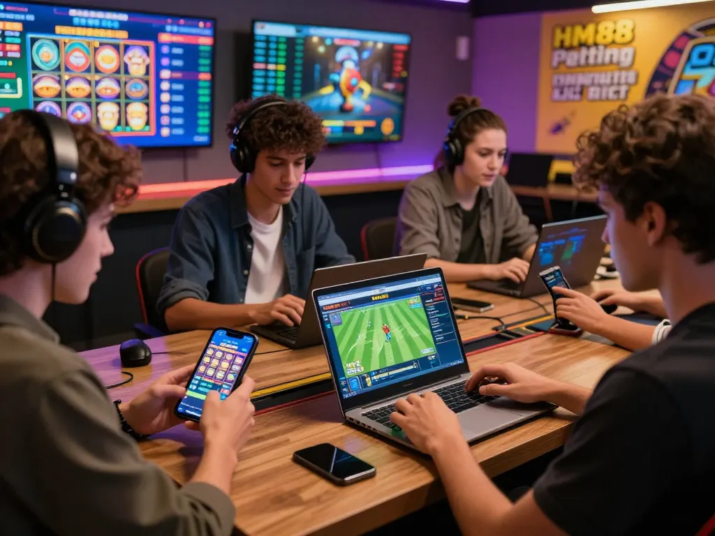 Engaged players using HM88 for online betting, showcasing vibrant gaming interfaces and a community atmosphere.