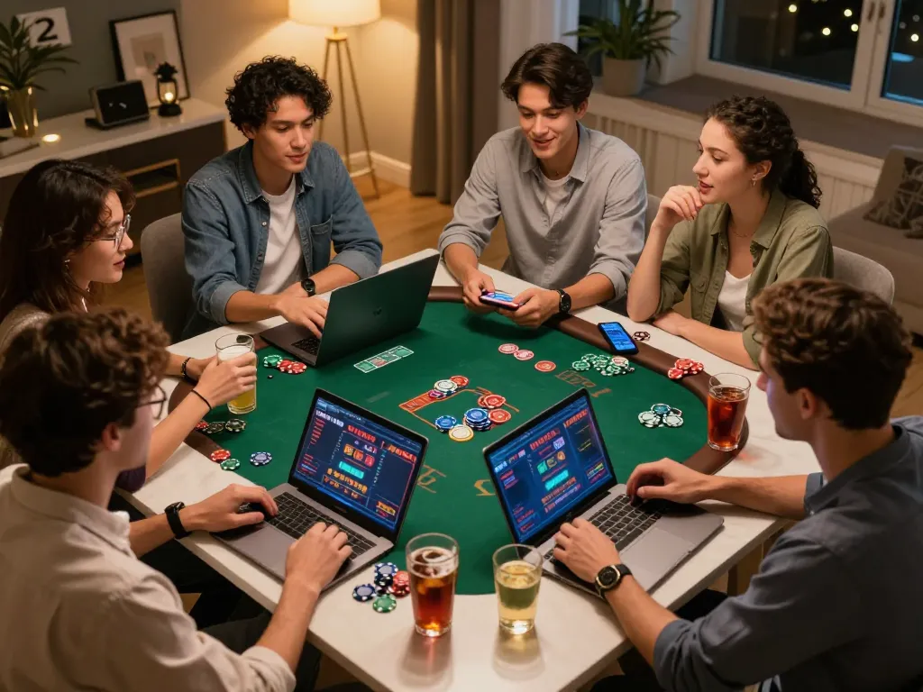 Friends engaging in online VK88 casino games during an exciting home gaming night with drinks.