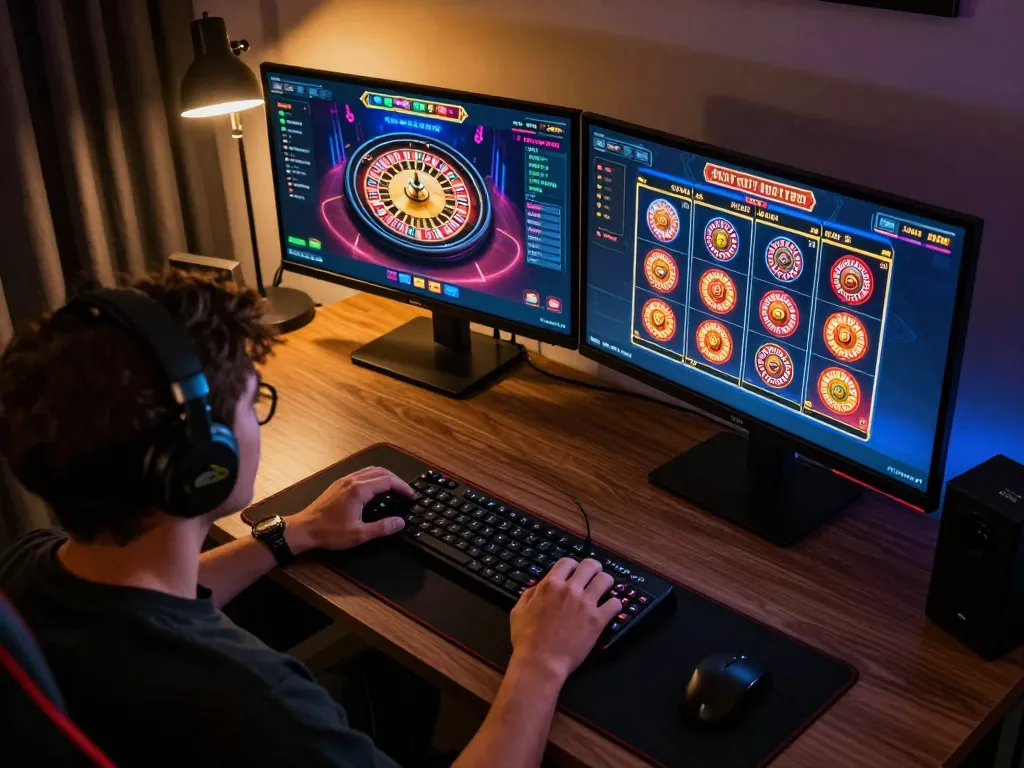 Player engaging in online KUWIN casino gameplay with roulette and slots interface