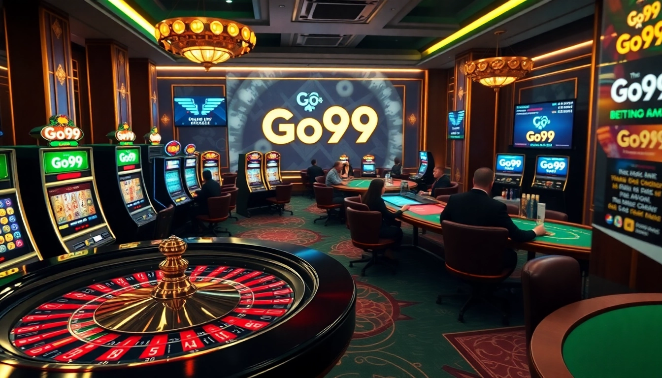 Players enjoying a thrilling casino experience at Go99 with vibrant slot machines and a roulette table.