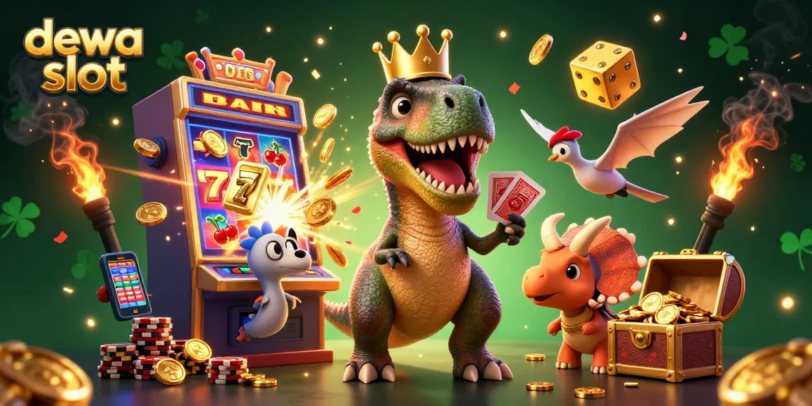 Play exciting games at dewa slot with vibrant casino elements and friendly dinosaur characters
