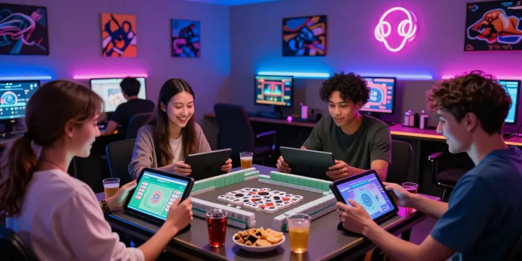 Mahjong118 dalam suasana santai, teman-teman bermain game Mahjong di tablet dengan nuansa ceria.
