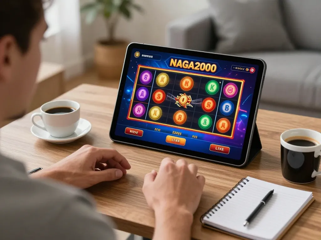 NAGA2000 player engaging in online slots gaming on tablet in cozy home setting