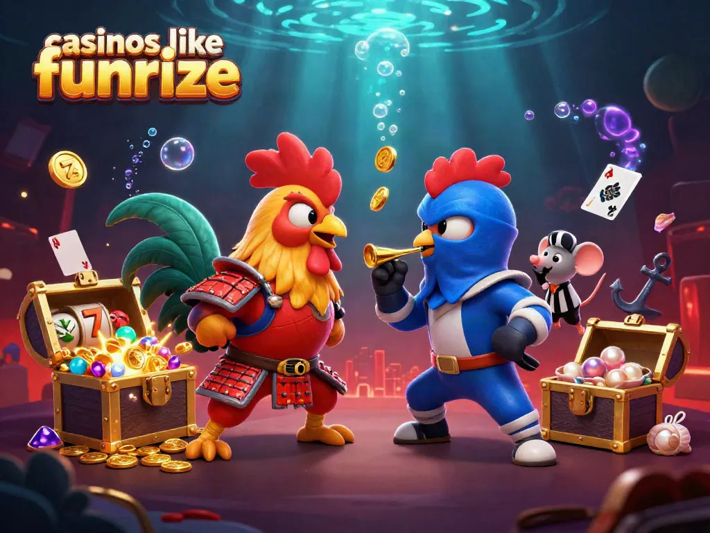 Engage in thrilling gameplay at casinos like Funrize featuring roosters, treasure, and vibrant casino elements.