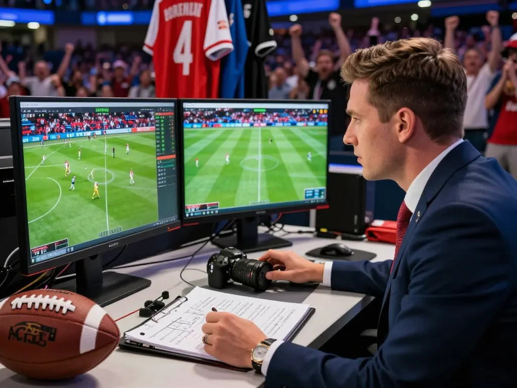 Soi kèo bóng đá analysis scene with sports analyst reviewing live match footage and statistics.